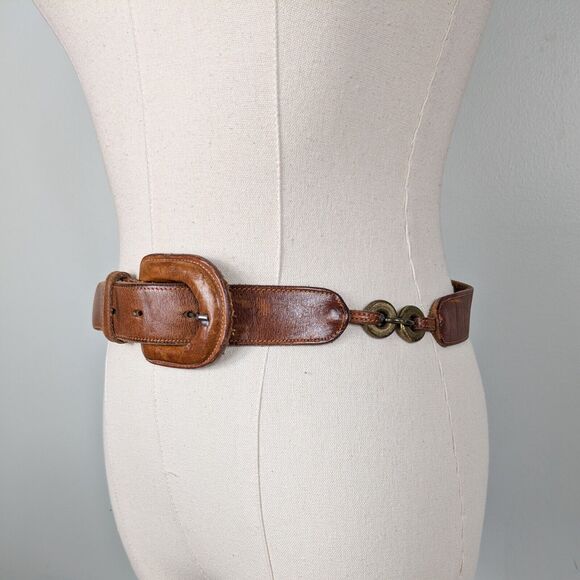 Vintage Leather Belt Buckle Equestrian Boho Classic 90s Casual Brown Gold S - Picture 1 of 12